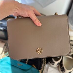 Tory Burch Taupe Saffiano Leather Crossbody with Gold Logo